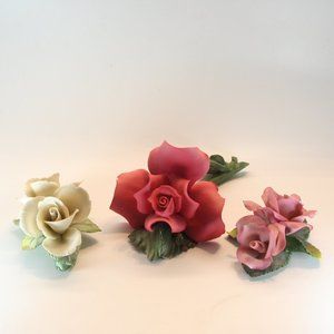 Set of 3 Vintage Capodimonte Italian Porceltain Roses, Pink, White & Red